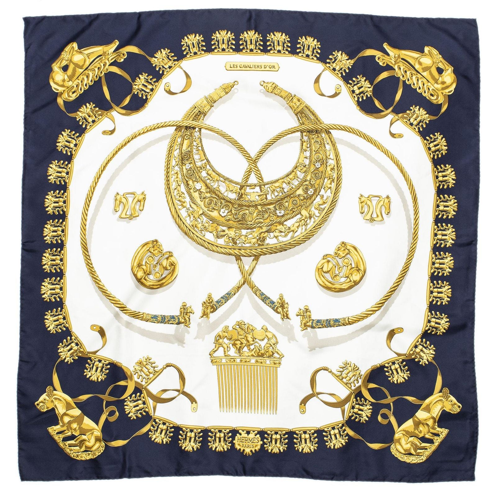 Hermes Scarf Navy Gold Ivory Silk — view 2