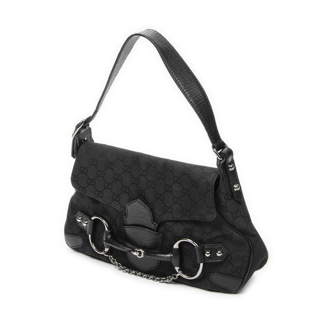 Gucci Horsebit Chain Shoulder Flap Black GG Canvas — view 2