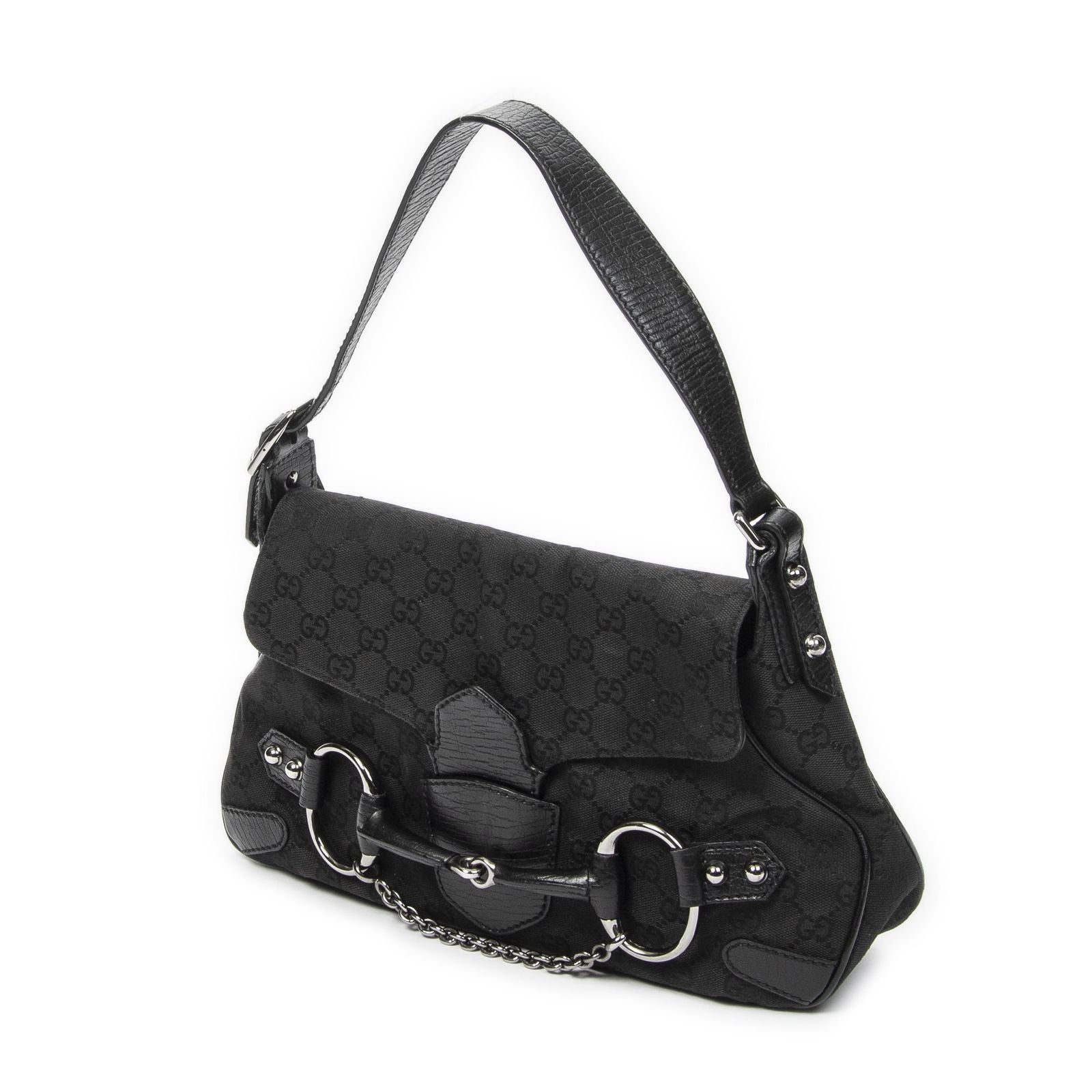Gucci Horsebit Chain Shoulder Flap Black GG Canvas — view 2