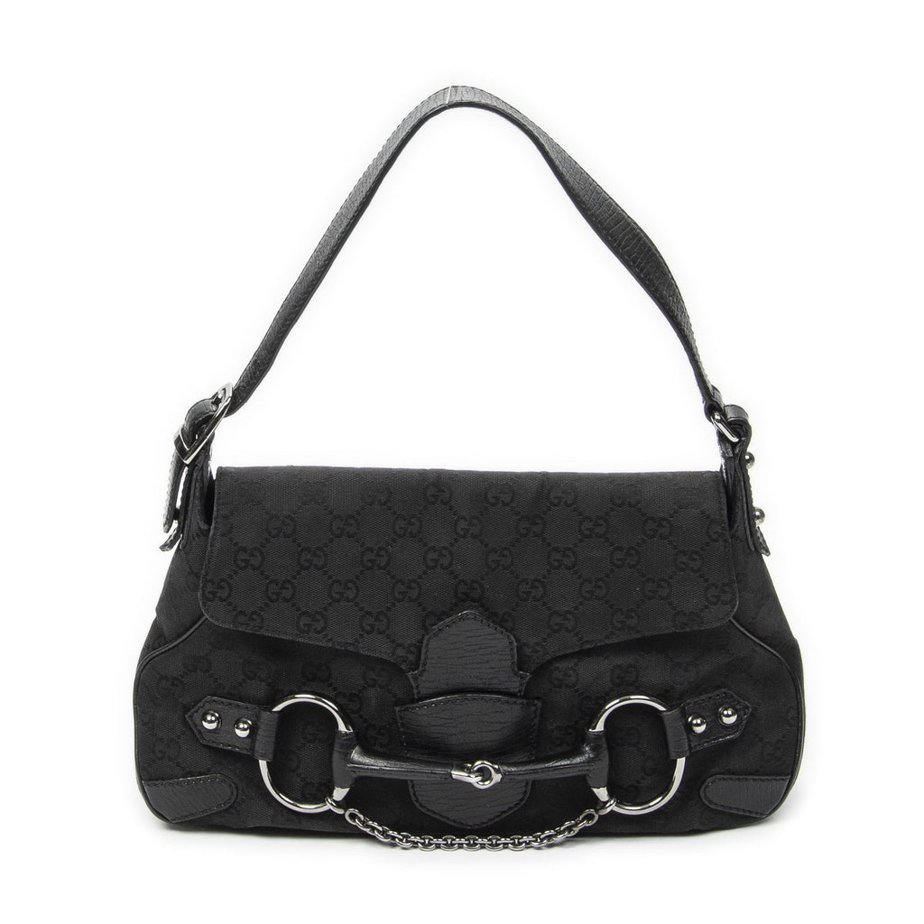 Gucci Horsebit Chain Shoulder Flap Black GG Canvas
