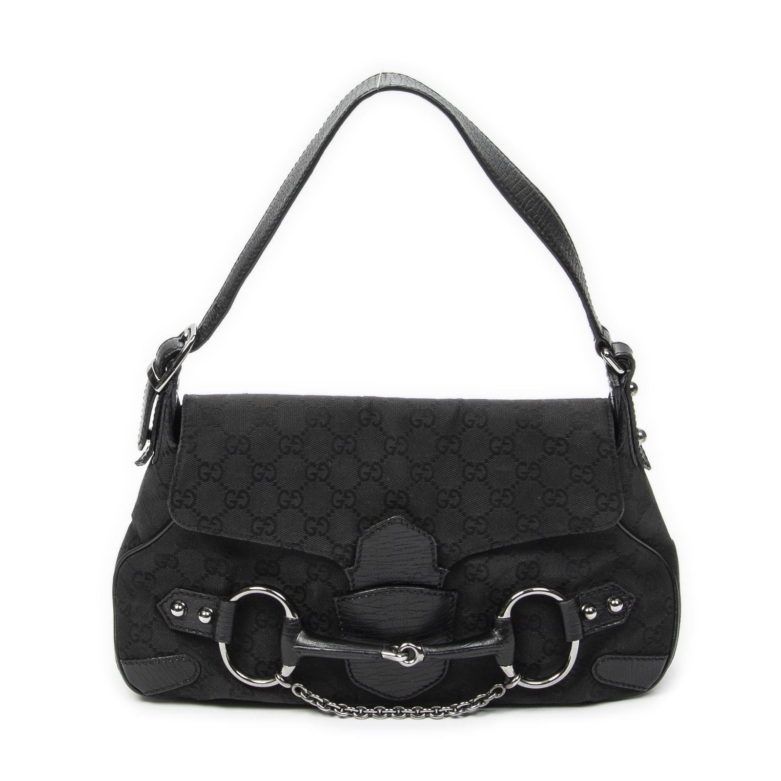 Gucci Horsebit Chain Shoulder Flap Black GG Canvas