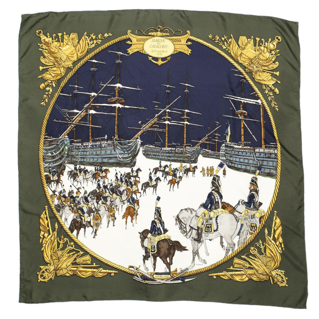 Hermes Scarf Dark Green Navy 100% Gold Twill Silk — view 2