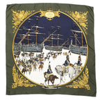 Hermes Scarf Dark Green Navy 100% Gold Twill Silk — view 2