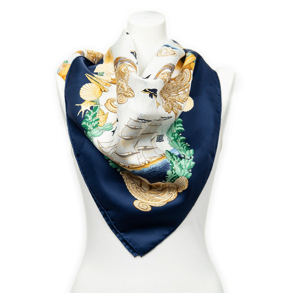 Hermes Scarf Blue Ivory Beige Silk