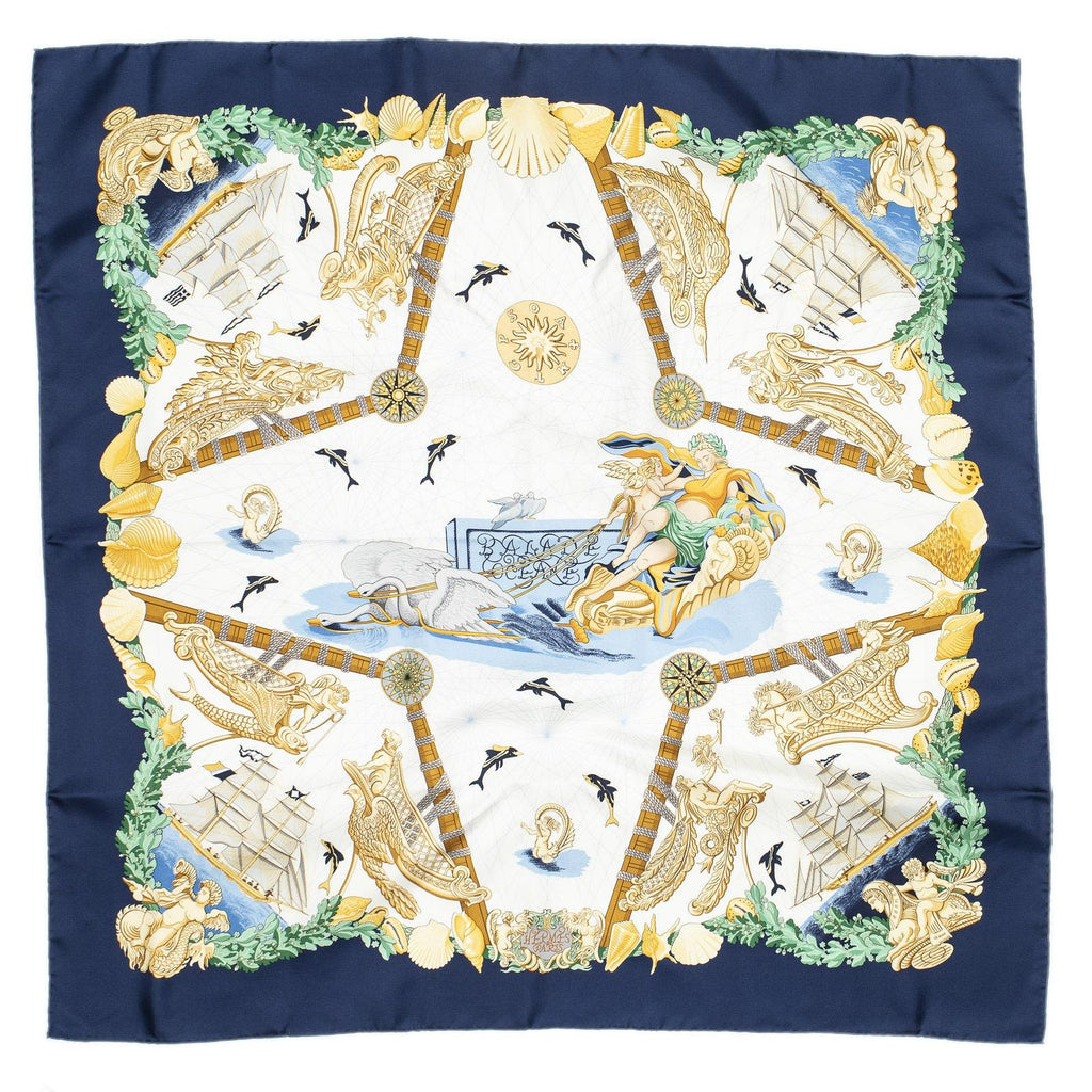 Hermes Scarf Blue Ivory Beige Silk — view 2