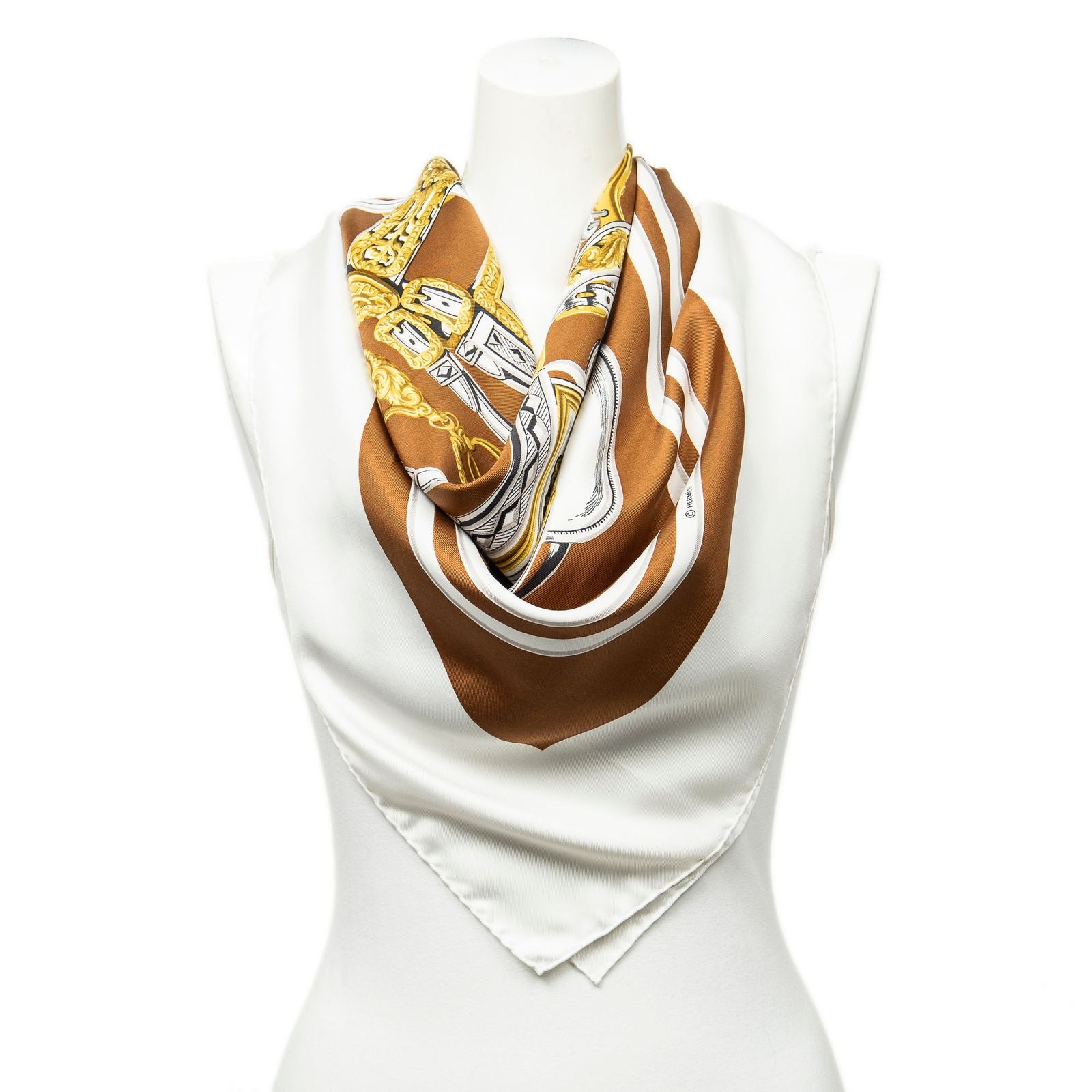 Hermes Scarf White Brown 100% Gold Twill Silk