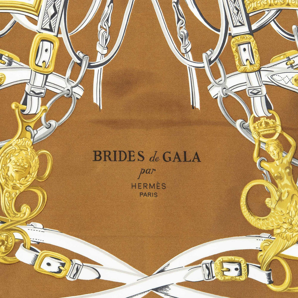 Hermes Scarf White Brown 100% Gold Twill Silk — view 3
