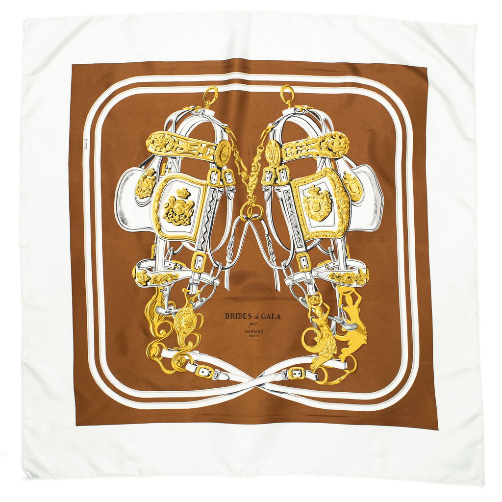 Hermes Scarf White Brown 100% Gold Twill Silk — view 2