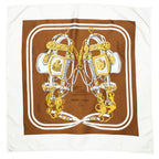 Hermes Scarf White Brown 100% Gold Twill Silk — view 2