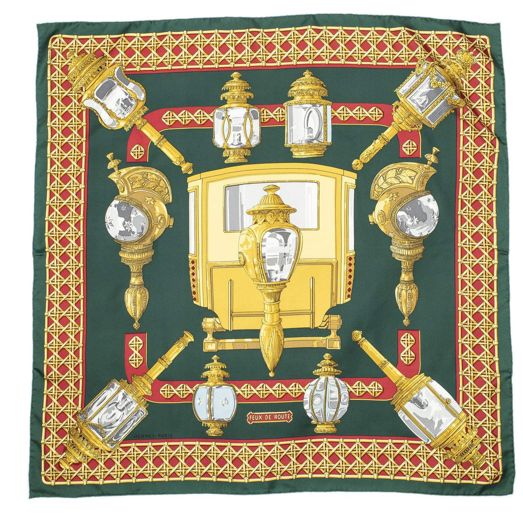 Hermes Scarf Green Red 100% Gold Twill Silk — view 2
