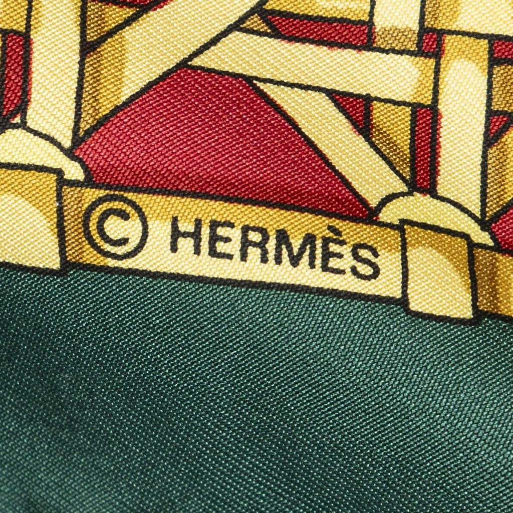 Hermes Scarf Green Red 100% Gold Twill Silk — view 4