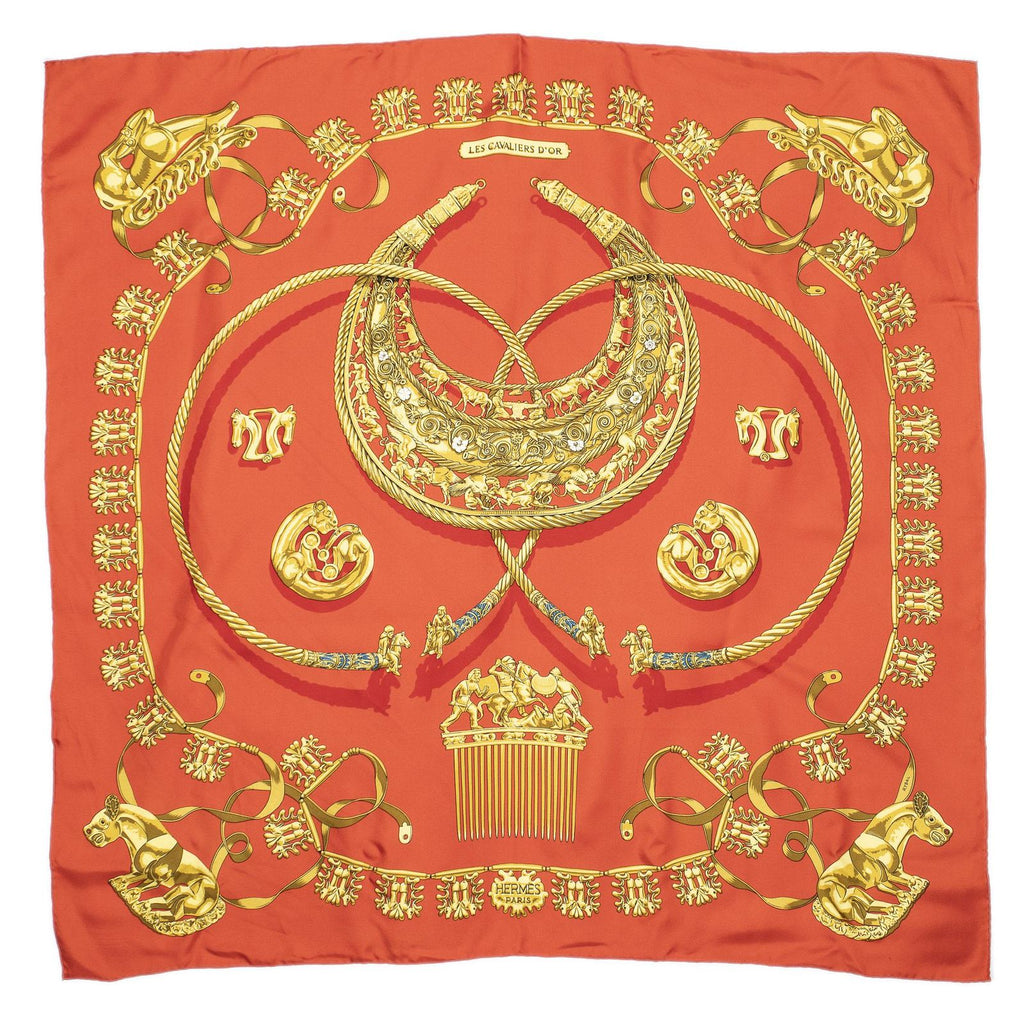 Hermes Scarf Red Gold Silk