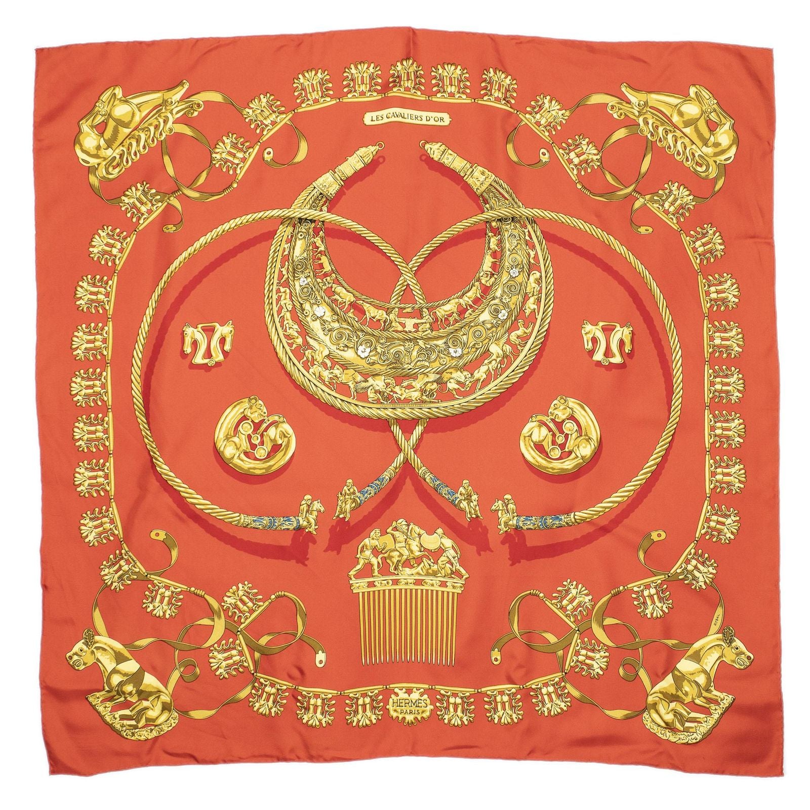 Hermes Scarf Red Gold Silk