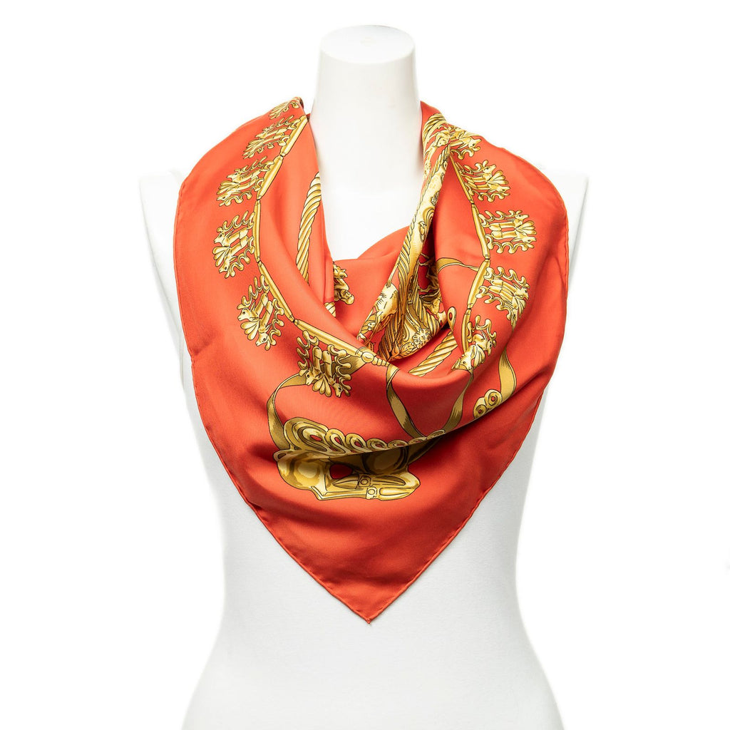 Hermes Scarf Red Gold Silk