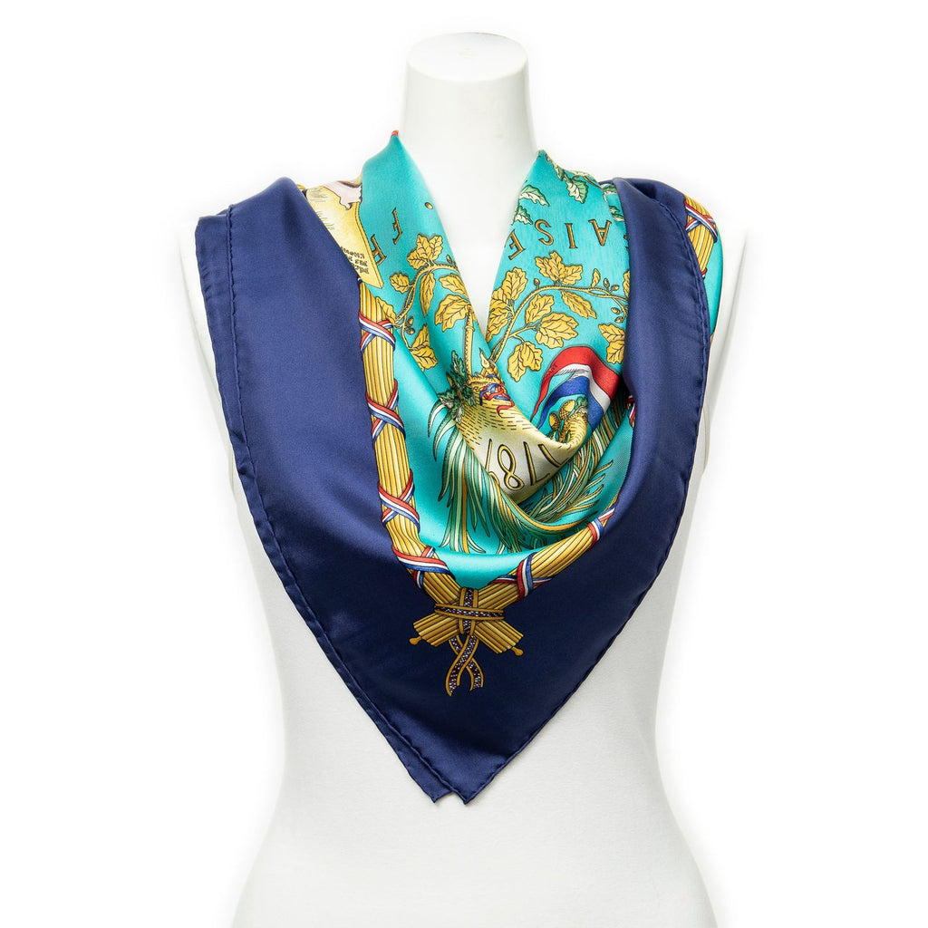 Hermes Scarf Navy Teal 100% Gold Twill Silk