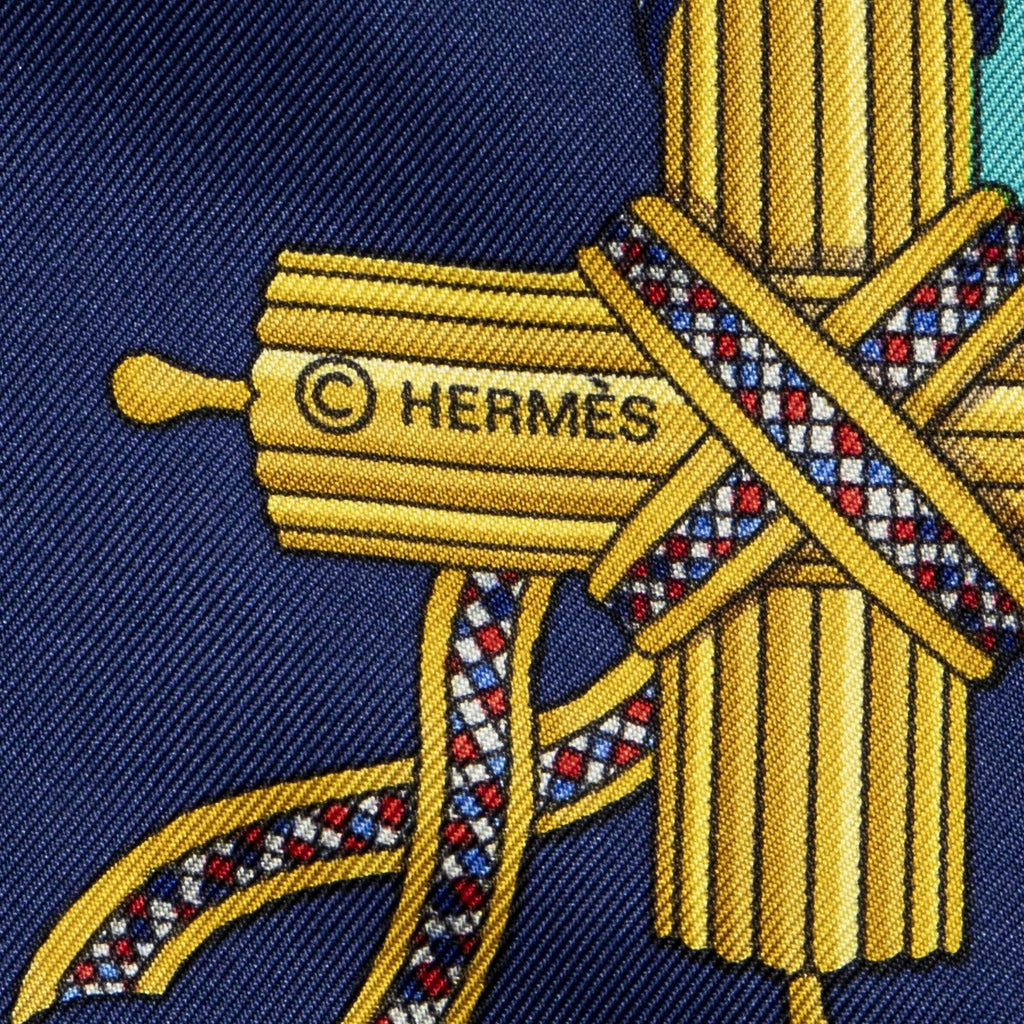 Hermes Scarf Navy Teal 100% Gold Twill Silk — view 4