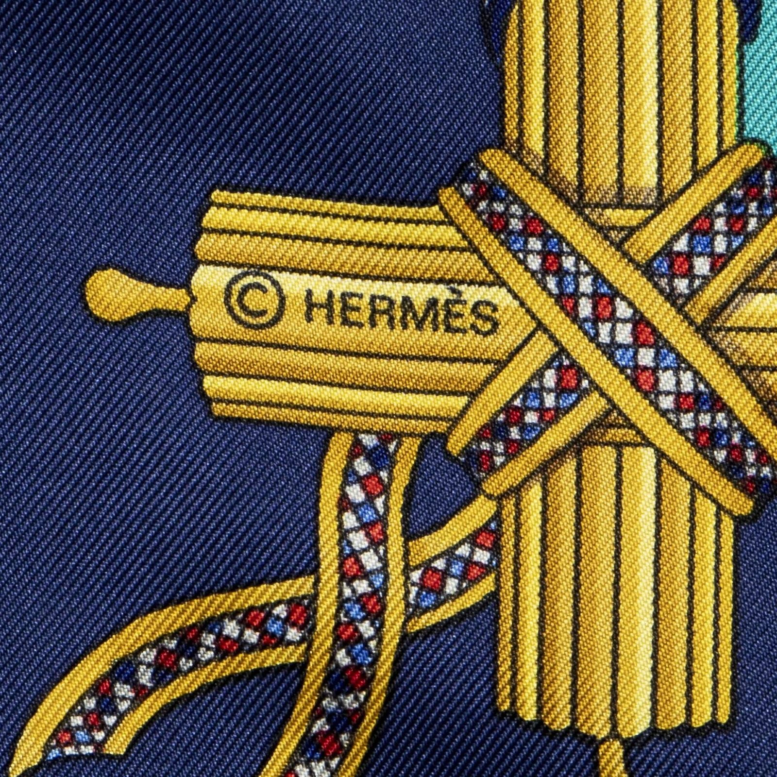 Hermes Scarf Navy Teal 100% Gold Twill Silk — view 4