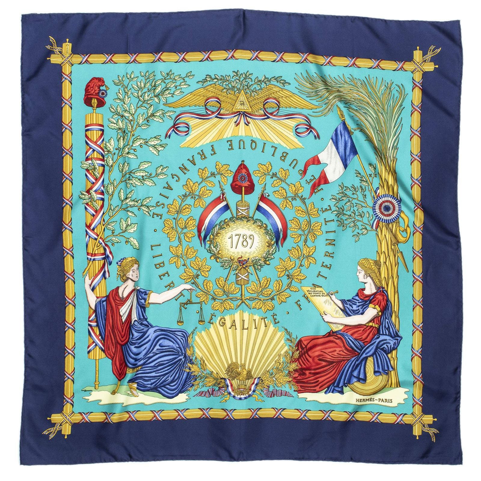 Hermes Scarf Navy Teal 100% Gold Twill Silk — view 2