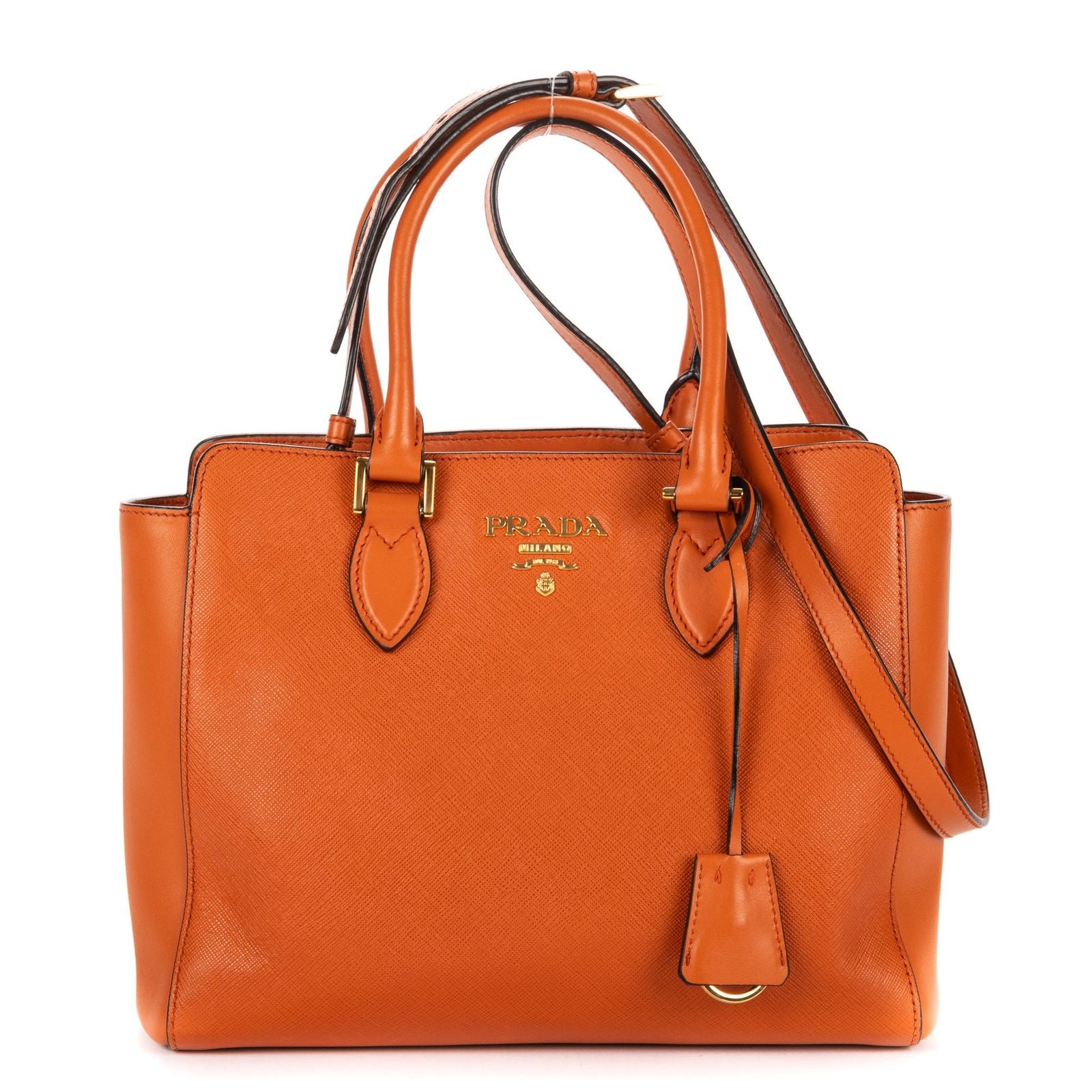 Prada Convertible Sound Lock Satchel Orange Saffiano Leather