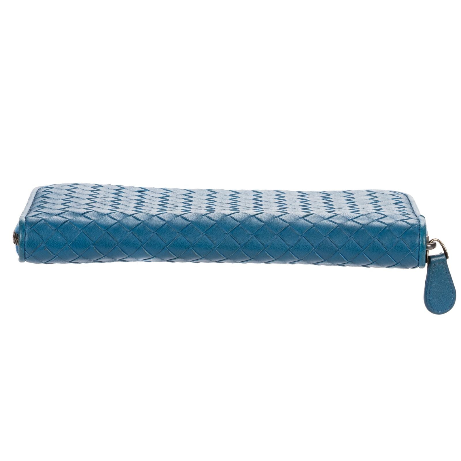 Bottega Veneta Zip Around Wallet Blue Intrecciato Calfskin Leathera