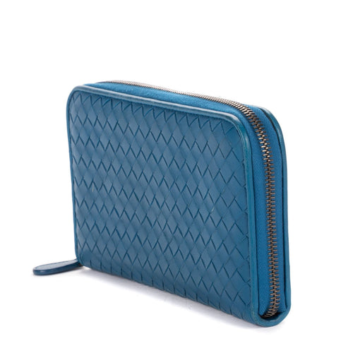 Bottega Veneta Zip Around Wallet Blue Intrecciato Calfskin Leathera