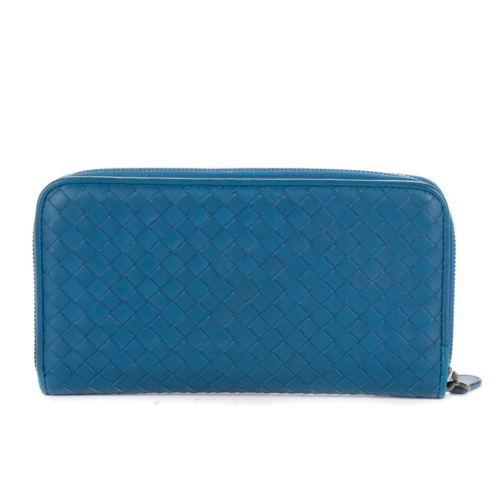 Bottega Veneta Zip Around Wallet Blue Intrecciato Calfskin Leathera
