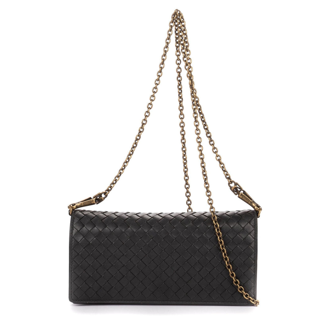 Bottega Venetawallet on Chain Crossbody Black Intrecciato Calfskin Leathera
