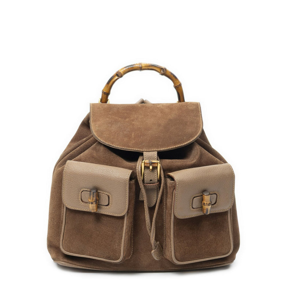 Gucci Large Bamboo Backpack Brown Suede Leather