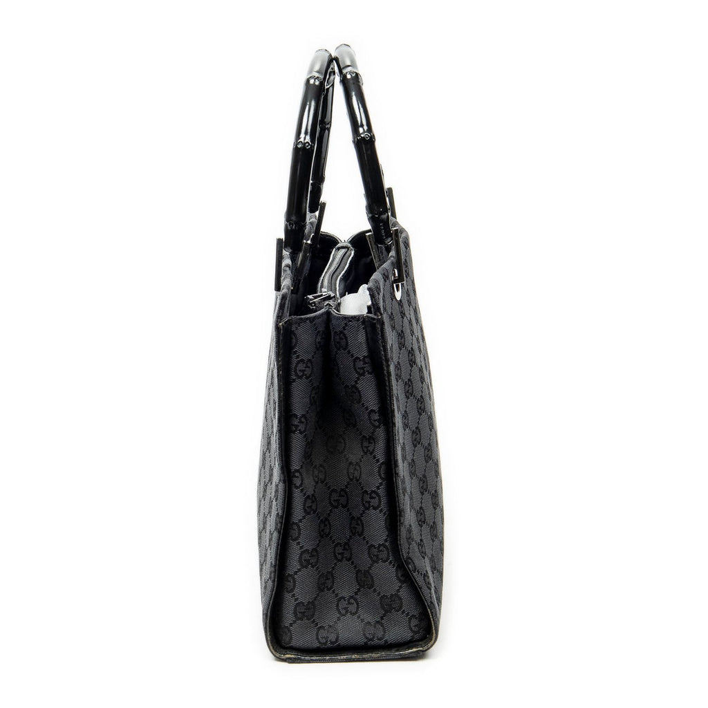 Gucci Large Square Bamboo Tote Bag Black GG Canvas