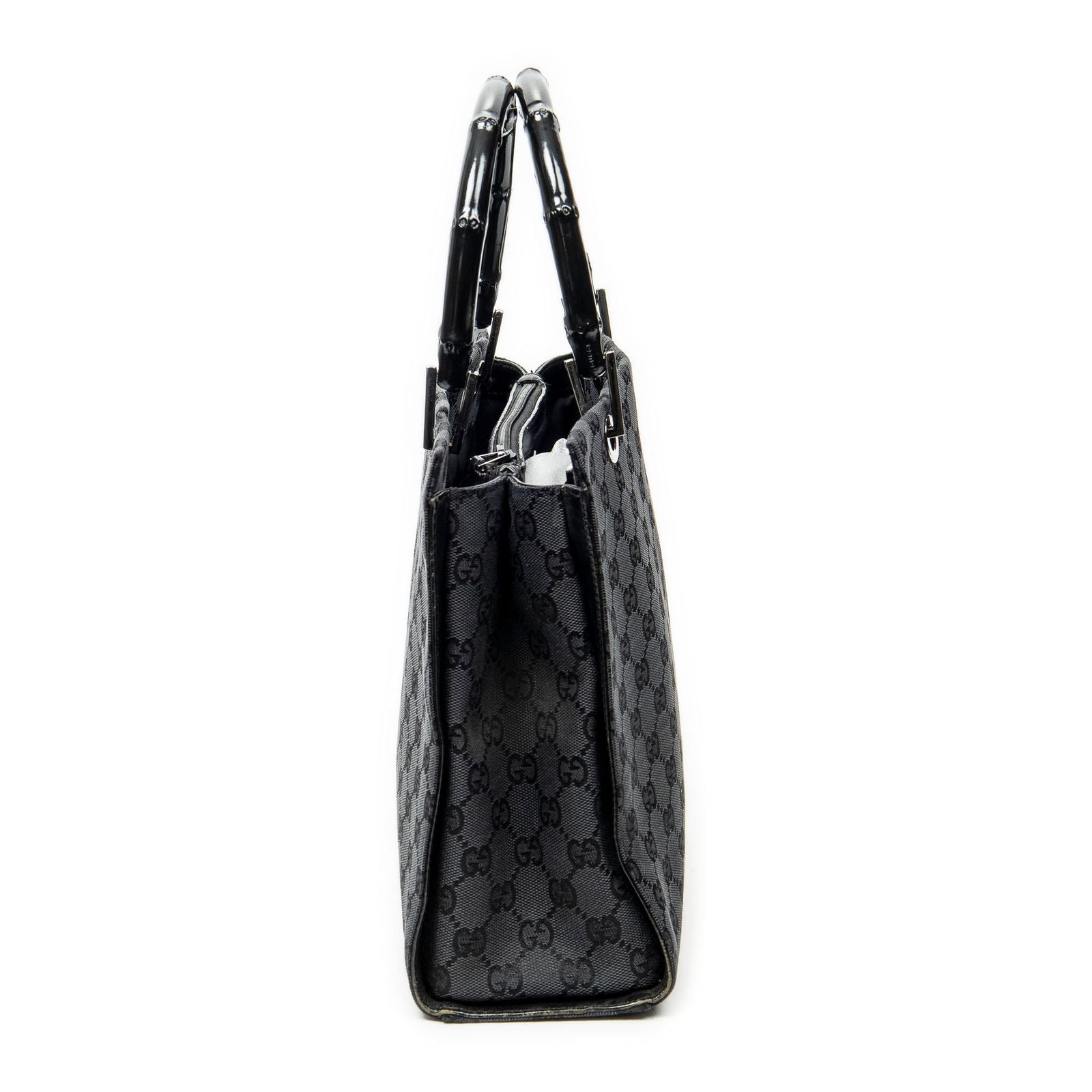 Gucci Large Square Bamboo Tote Bag Black GG Canvas