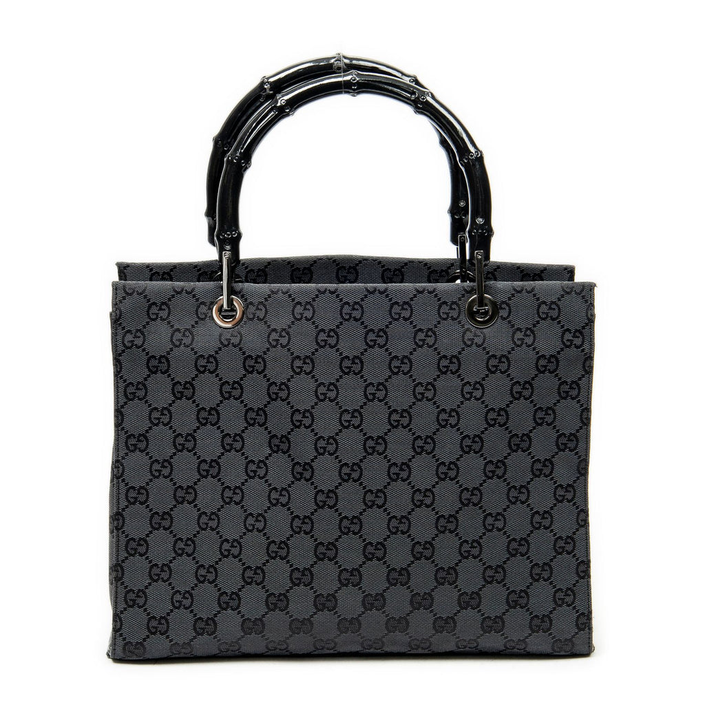 Gucci Large Square Bamboo Tote Bag Black GG Canvas
