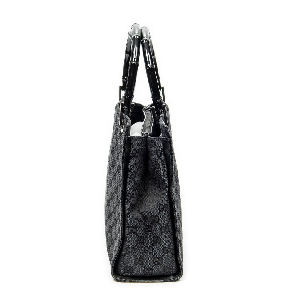 Gucci Large Square Bamboo Tote Bag Black GG Canvas