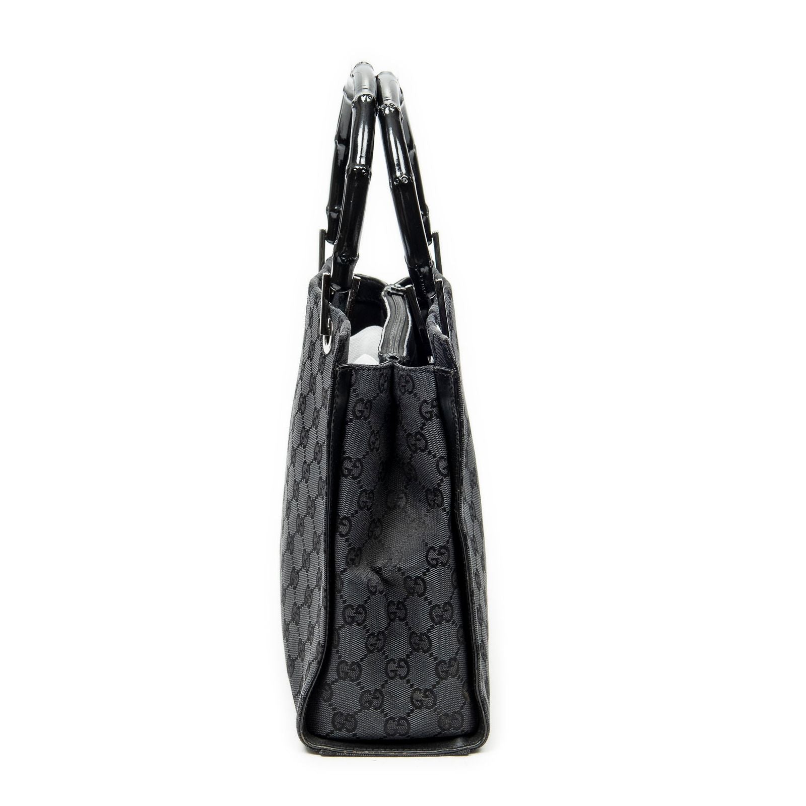 Gucci Large Square Bamboo Tote Bag Black GG Canvas
