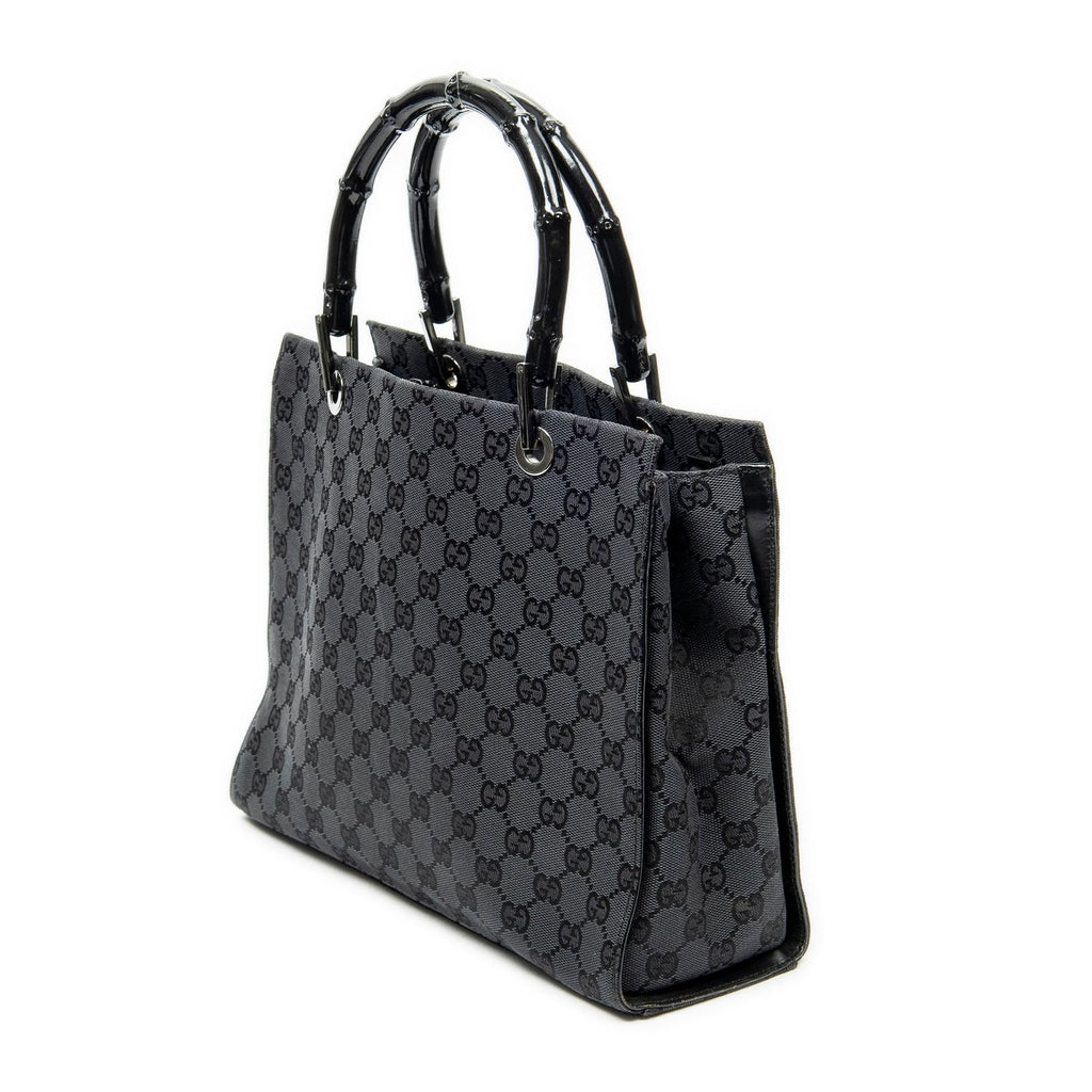 Gucci Large Square Bamboo Tote Bag Black GG Canvas