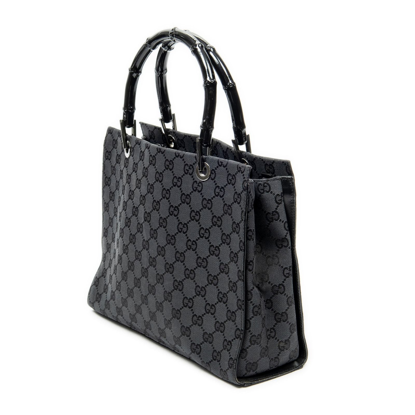 Gucci Large Square Bamboo Tote Bag Black GG Canvas