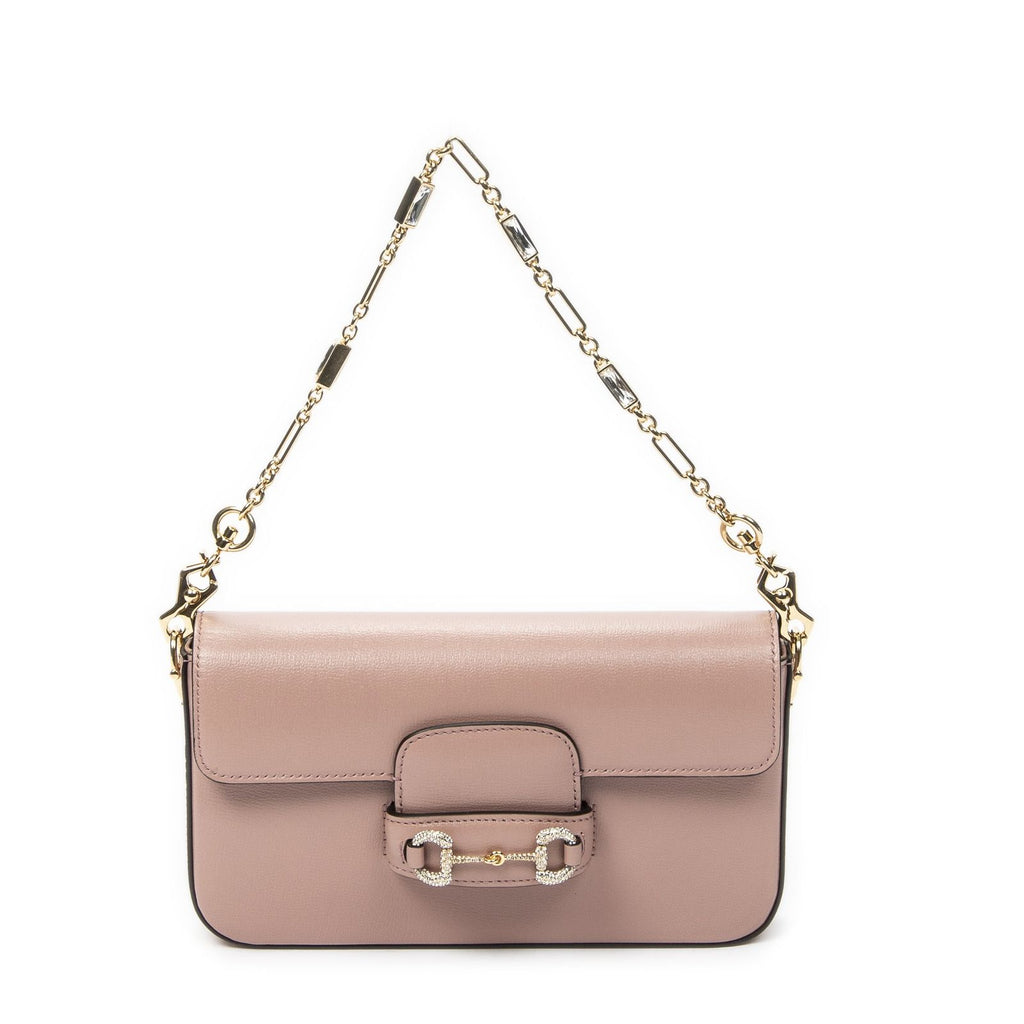 Gucci Small Rhinestone Horsebit Light Pink Calfskin Leather Shoulder