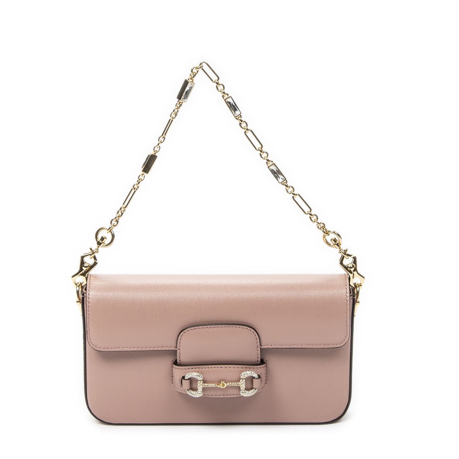 Gucci Small Rhinestone Horsebit Light Pink Calfskin Leather Shoulder