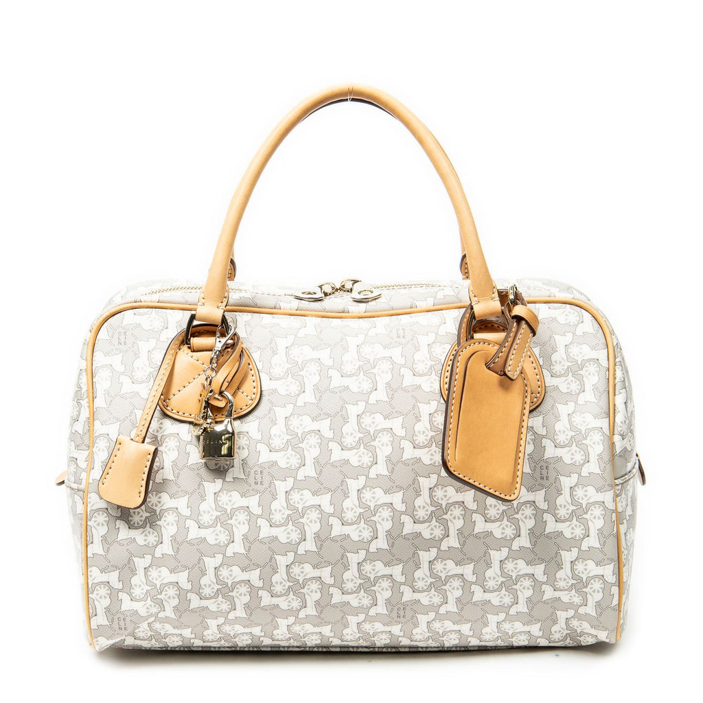 Celine Zip Boston White Beige Carriage Print Canvas Handbag