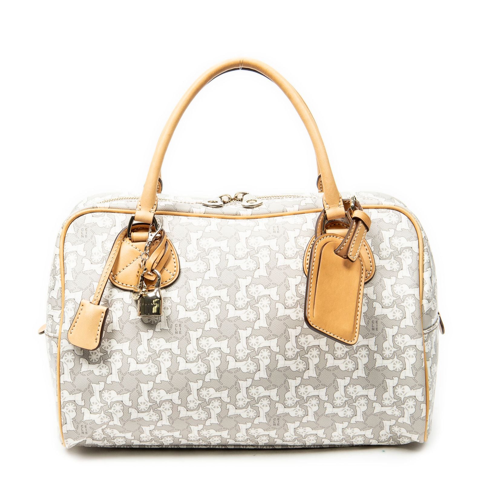 Celine Zip Boston White Beige Carriage Print Canvas Handbag