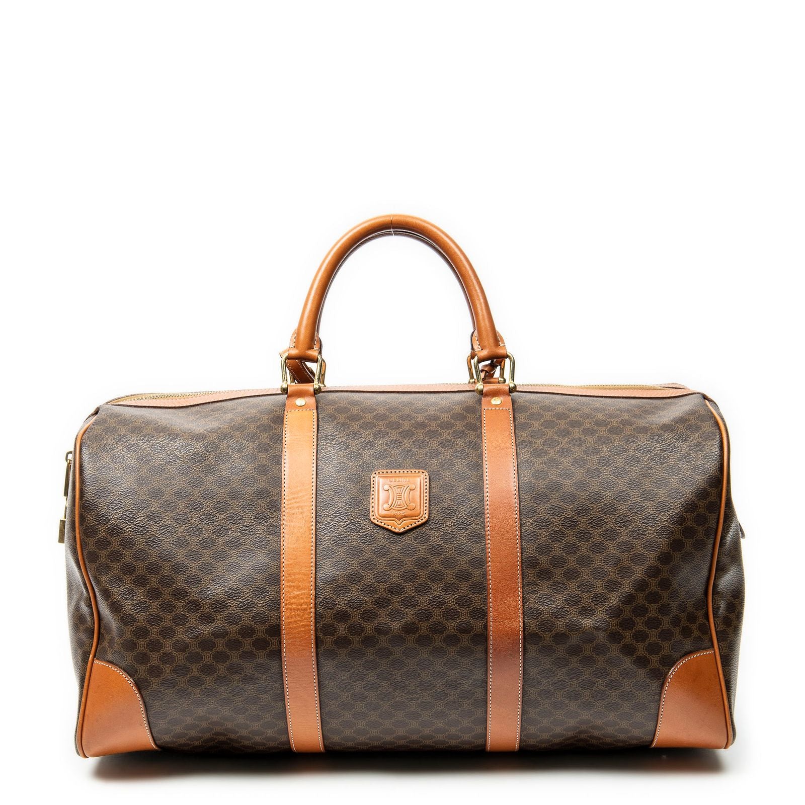 Celine Vintage Large Travel Boston Brown Macadam Canvas Handbag