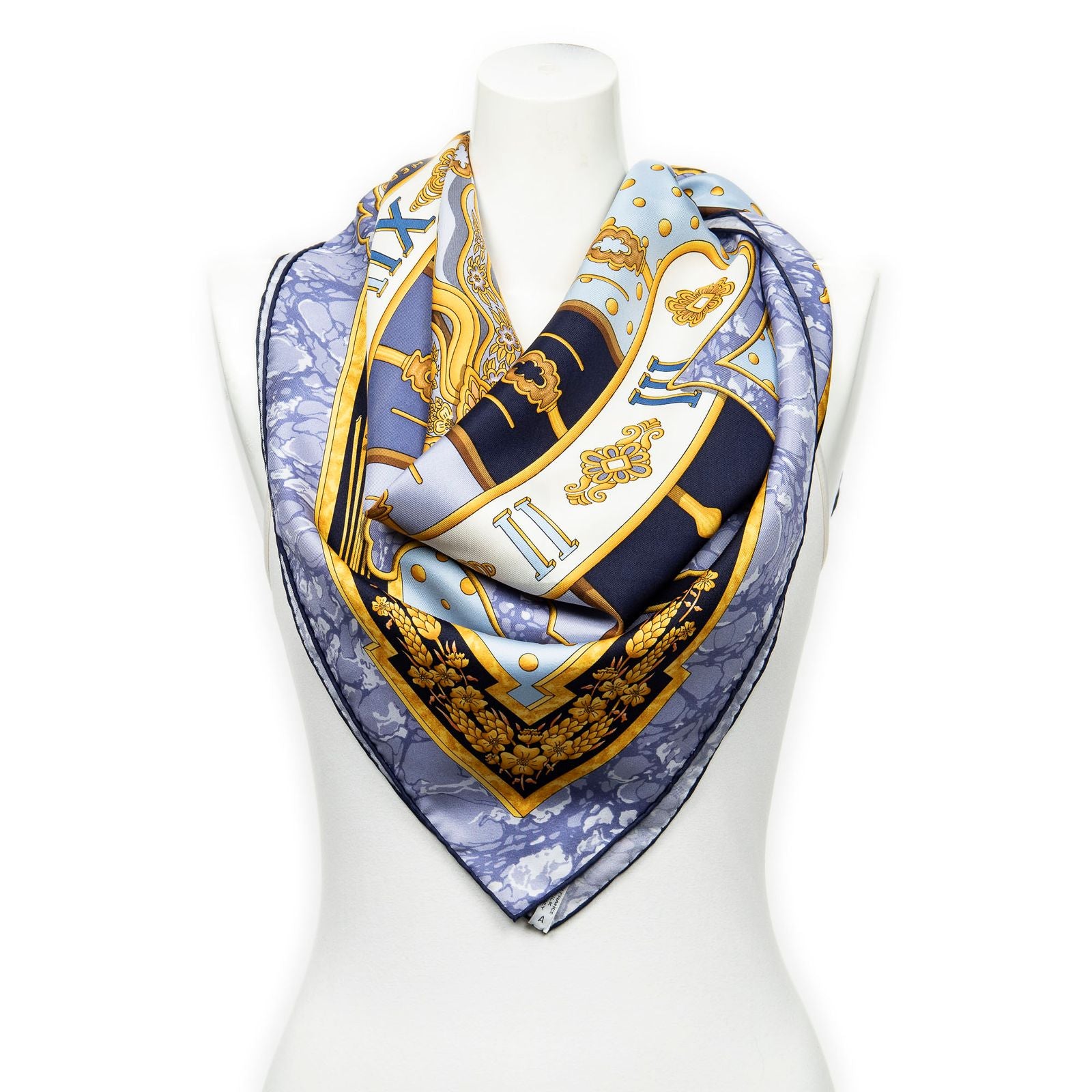 Hermes Scarf Lilac Blue 100% Gold Twill Silk