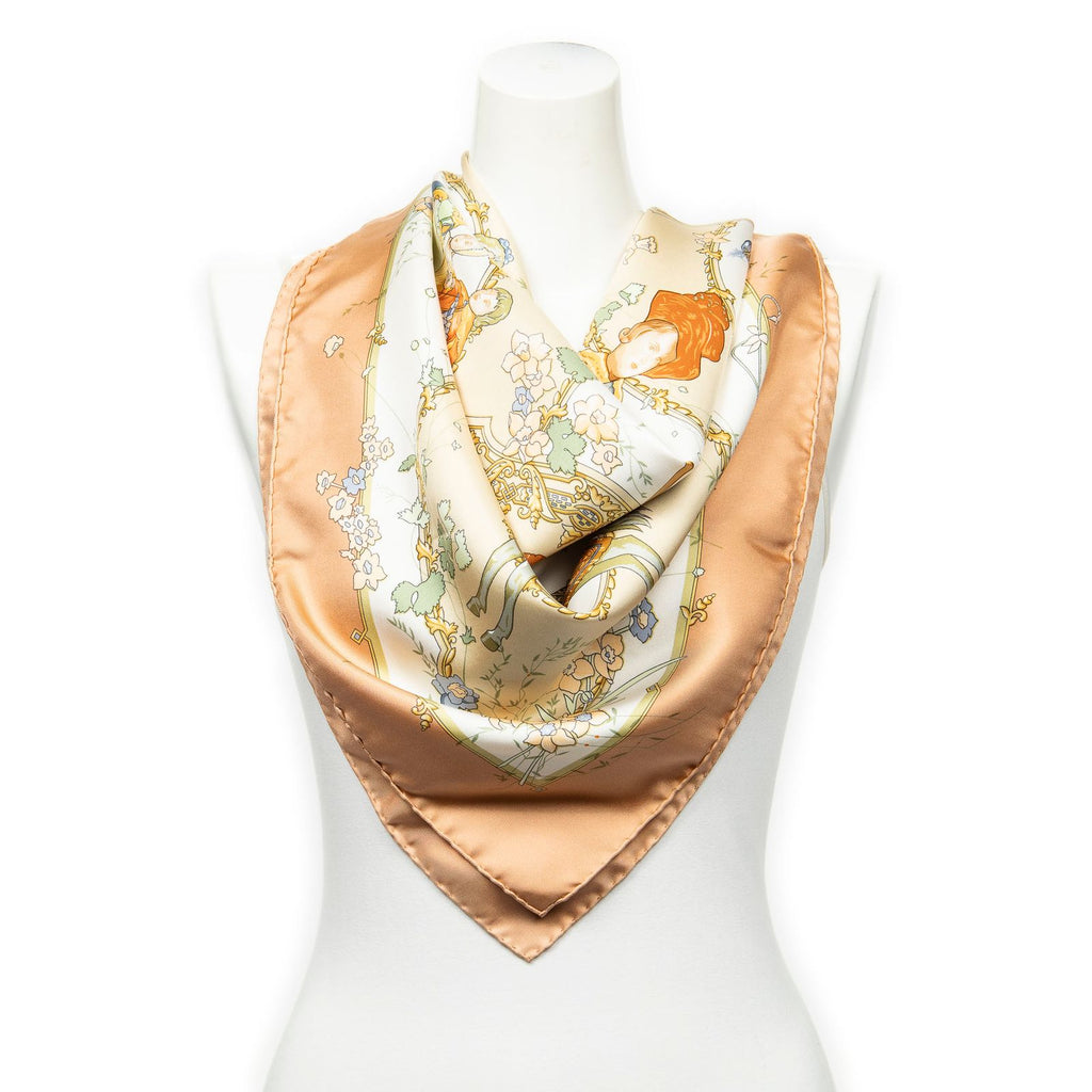 Hermes Scarf Light Beige Ivory Green Silk