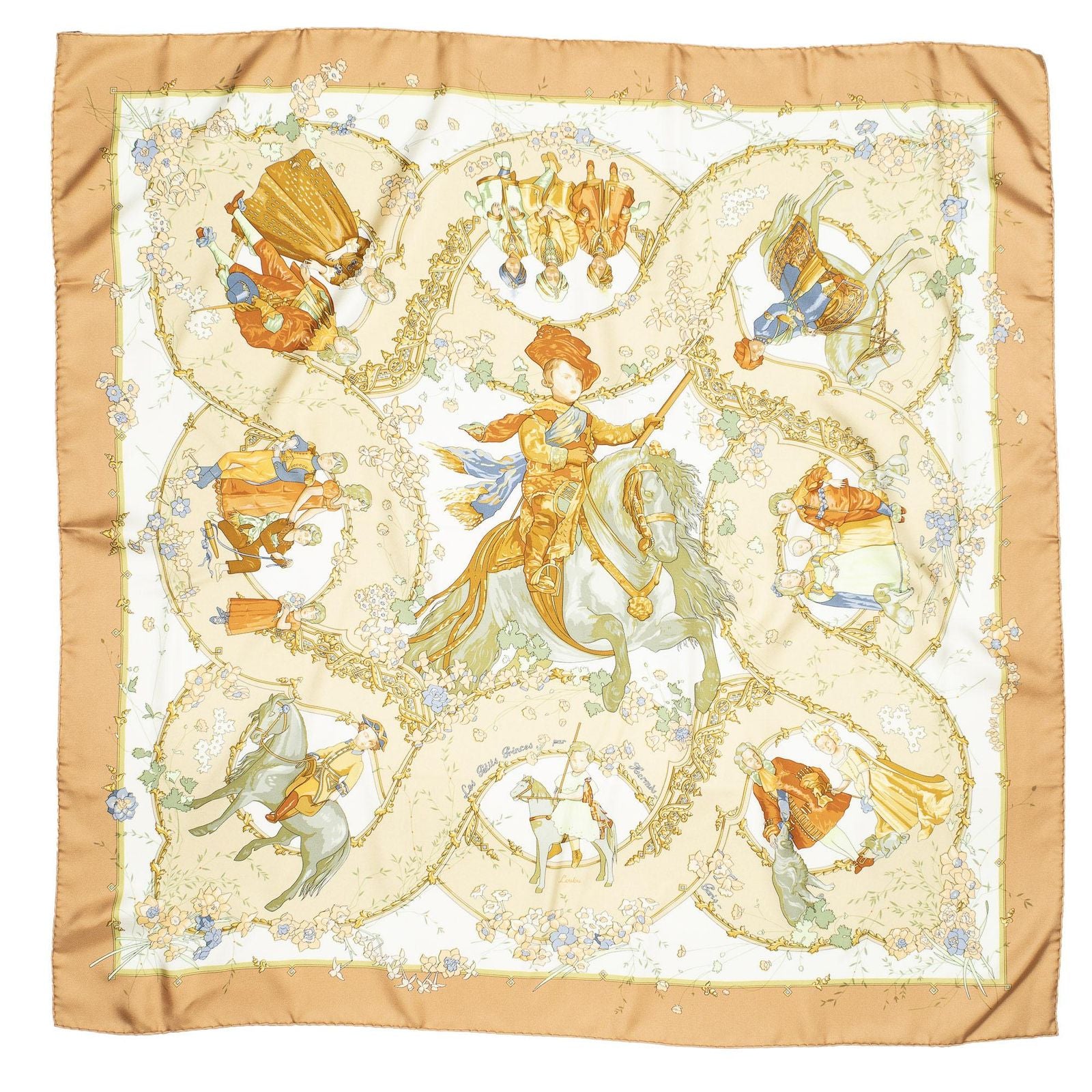 Hermes Scarf Light Beige Ivory Green Silk