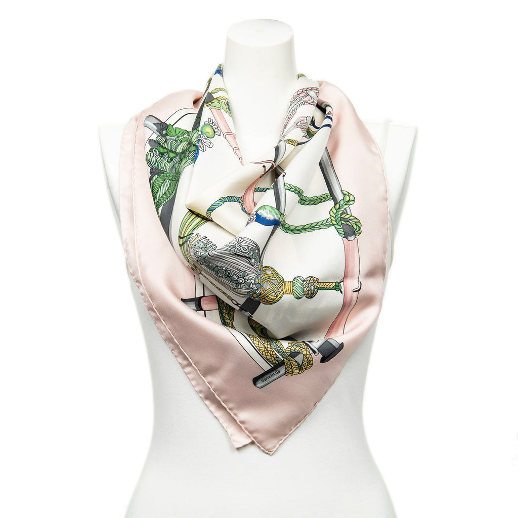 Hermes Scarf Light Pink Ivory Green Silk