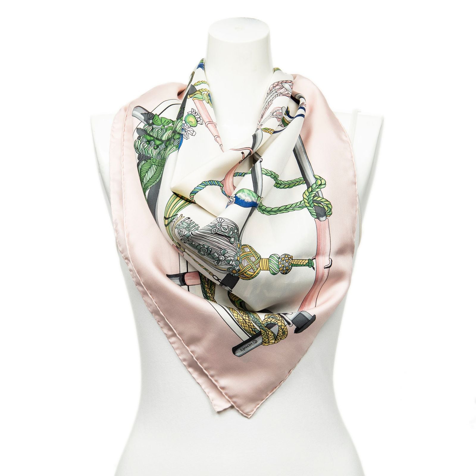 Hermes Scarf Light Pink Ivory Green Silk
