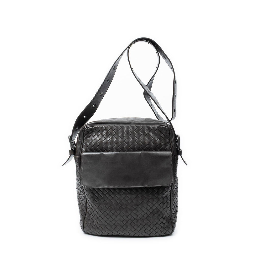 Bottega Veneta Front Pocket Messenger Bag Dark Brown Trim Intrecciato Leather
