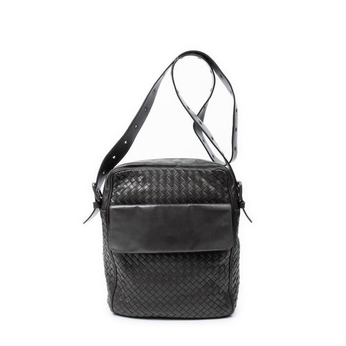 Bottega Veneta Front Pocket Messenger Bag Dark Brown Trim Intrecciato Leather