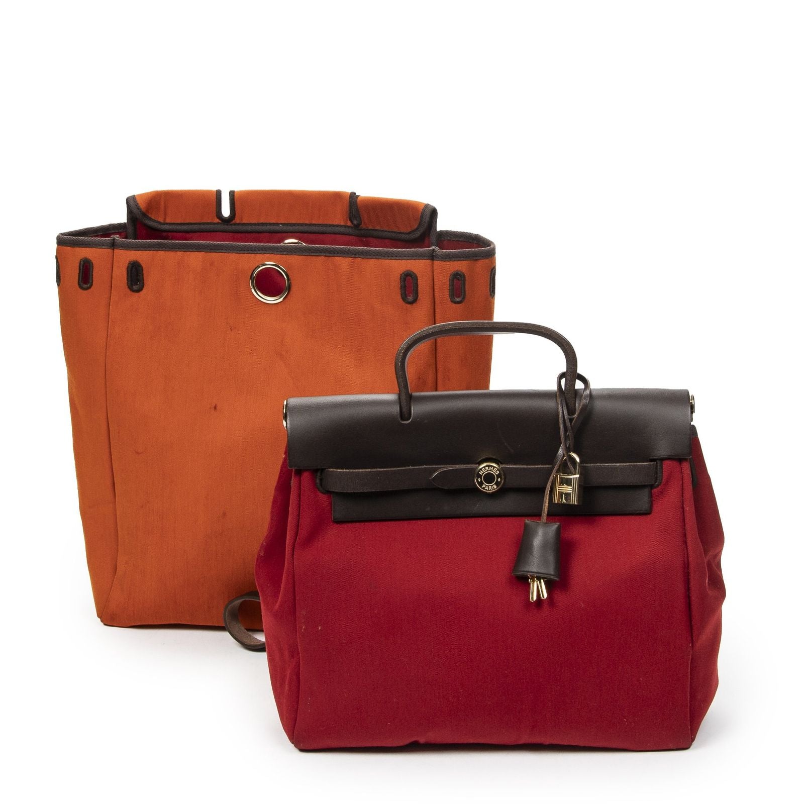 Hermes Herbag a Dos Red Orange Dark Brown Toile Officier Handbag