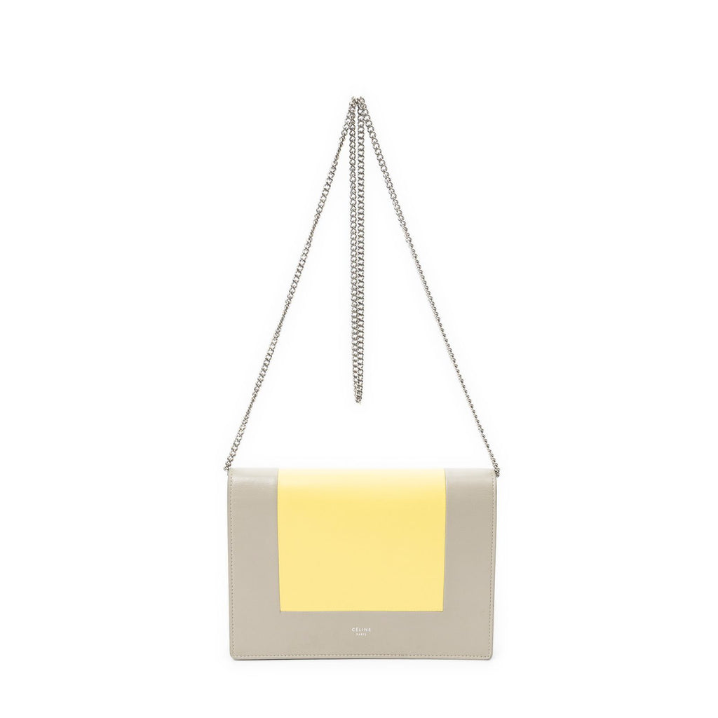 Celine Frame Evening Chain Clutch Yellow Taupe Calfskin Leather