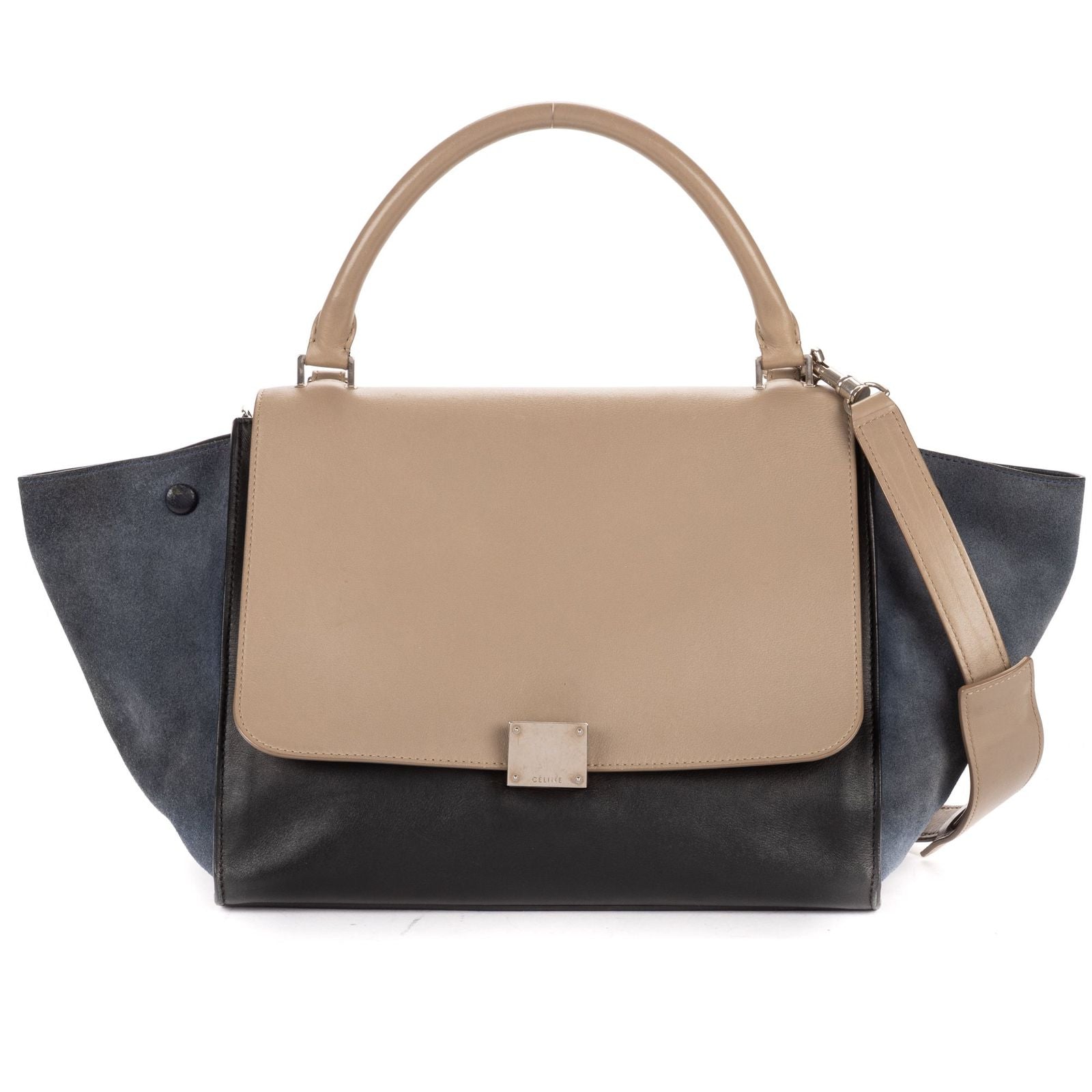 Celine Small Tricolor Trapeze Gray Black Blue Calfskin Leather Shoulder